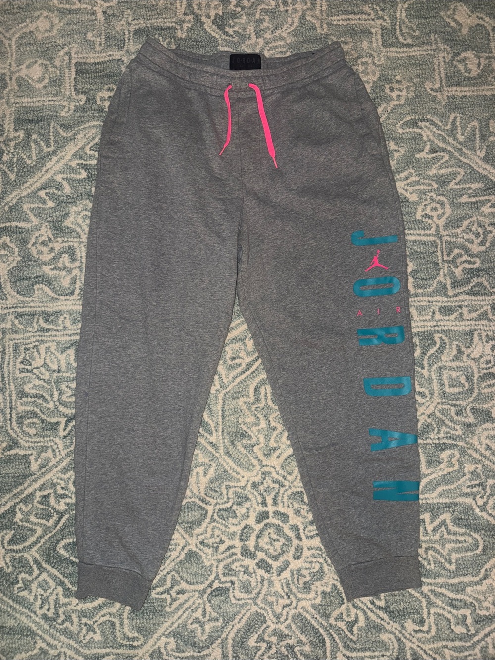 Jordan Miami Gray Joggers with Pink Drawcord / jumpman and Teal Logo